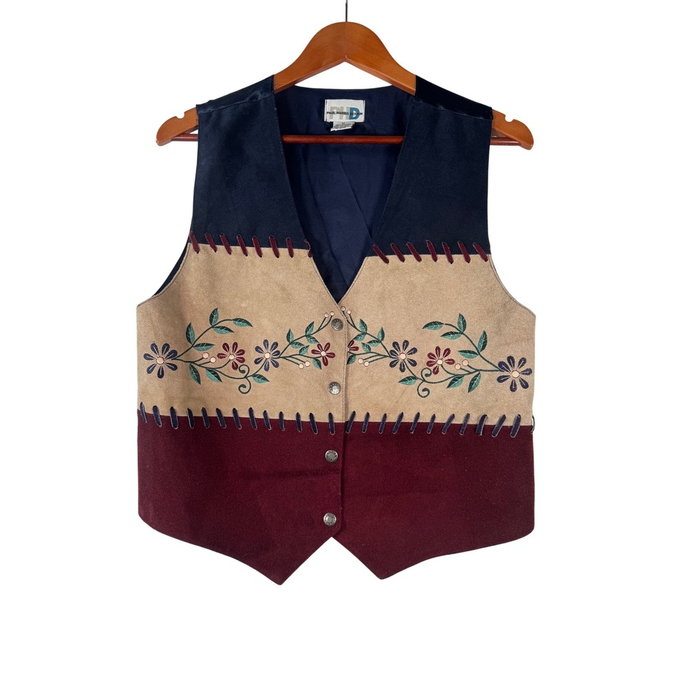Paul Harris Design Men's Suede Leather Vest Floral Embroidered Western‎ Bohemian